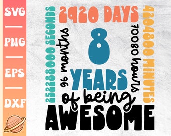 8 Years Svg | 8th Birthday Svg | 8 Years Old Birthday Party Cricut File | Happy 8th Bday | Awesome Since 2015 | 8 Years Months Days