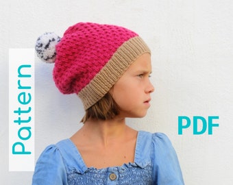 Knitting Pattern Hat, Hat for any age, Knitted Hat, Slouch Beanie, DIY Pompom Beanie, Winter Warm Hat, Beginner Friendly Pattern