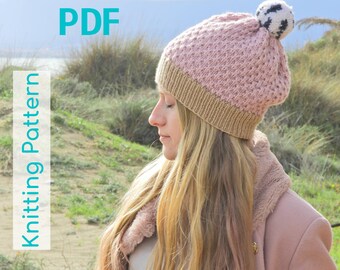 Knitting Pattern Hat, Knitted Hat,  Pattern Slouch Beanie, DIY Pompom Beanie, Winter Warm Hat, Beginner Friendly Pattern, Hat for any age