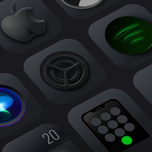 May include: A grid of nine black square icons with various app logos, including a black Apple logo, a green Spotify logo, a black gear icon, a black phone icon with a green circle, and a black and blue Siri logo.