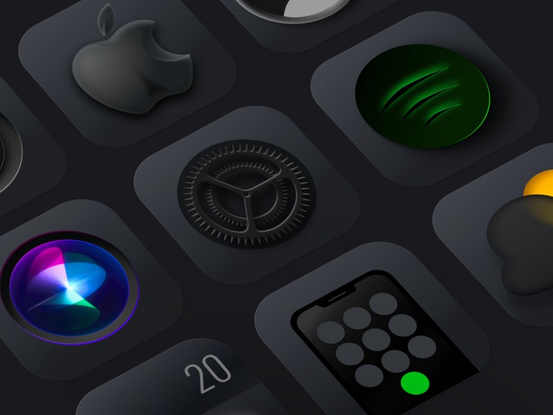 May include: A grid of nine black square icons with various app logos, including a black Apple logo, a green Spotify logo, a black gear icon, a black phone icon with a green circle, and a black and blue Siri logo.