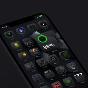 May include: A black iPhone with a dark mode interface showing a variety of apps, including Find My, Snapchat, Calculator, Weather, Photos, Twitter, Notes, Reminders, Music, WhatsApp, and Movies. The phone is 99% charged and the battery is off-white.