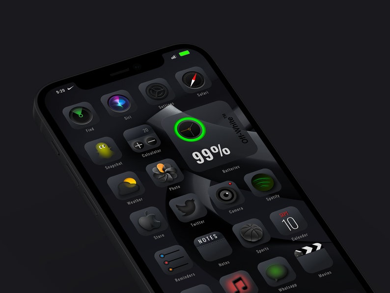 May include: A black iPhone with a dark mode interface showing a variety of apps, including Find My, Snapchat, Calculator, Weather, Photos, Twitter, Notes, Reminders, Music, WhatsApp, and Movies. The phone is 99% charged and the battery is off-white.