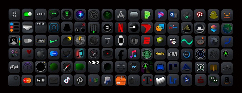 May include: A grid of 64 colourful app icons on a black background. The icons represent popular apps such as Nike, Notes, PUBG, Instagram, Netflix, Facebook, Twitter, Spotify, Amazon, and more.
