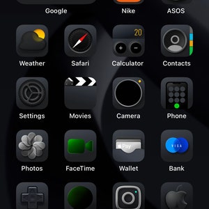 May include: A screenshot of an iPhone displaying a grid of app icons. The icons are arranged in rows and columns, with each icon representing a different app. Some of the apps include Google, Find My, Siri, Nike, ASOS, Weather, Safari, Calculator, Contacts, Settings, Movies, Camera, Phone, Photos, FaceTime, Wallet, Bank, Game, Whatsapp, Insta, Store, YouTube, Messages, Twitter, and Music.