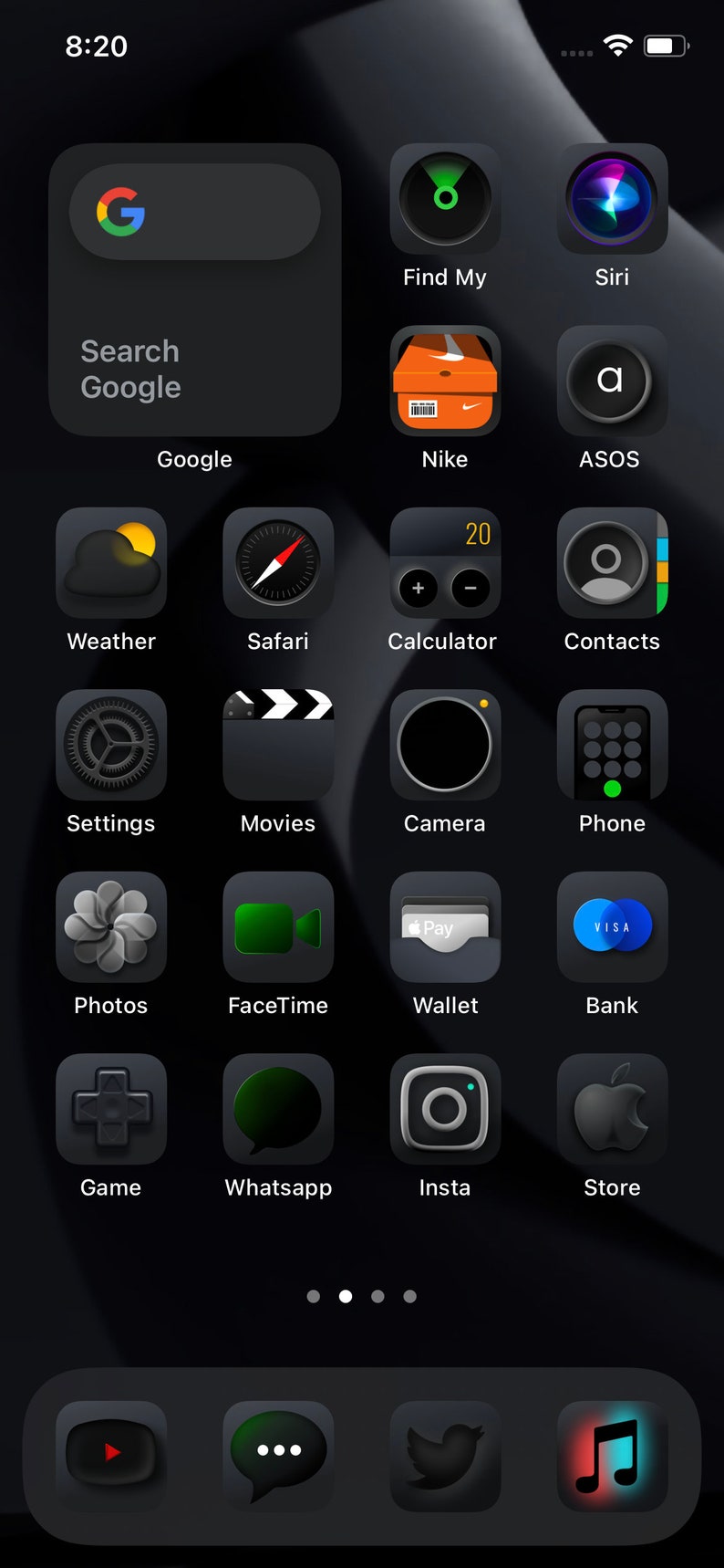 May include: A screenshot of an iPhone displaying a grid of app icons. The icons are arranged in rows and columns, with each icon representing a different app. Some of the apps include Google, Find My, Siri, Nike, ASOS, Weather, Safari, Calculator, Contacts, Settings, Movies, Camera, Phone, Photos, FaceTime, Wallet, Bank, Game, Whatsapp, Insta, Store, YouTube, Messages, Twitter, and Music.