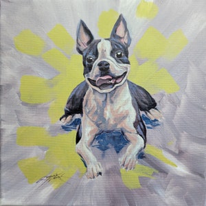 May include: A painting of a black and white Boston Terrier dog with a happy expression, lying on a yellow and gray background.