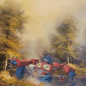Optimus wordt klaargestoomd. Gilcee-afdruk van vintage geüpcycled acrylschilderij 20 x 16 inch Transformatoren| Nerd| Verjaardagscadeau| Anime| Retro tekenfilms