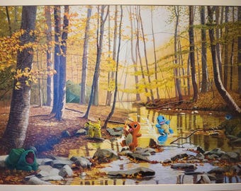 Un pique-nique Pokémon. Acrylique sur impression vintage recyclée. 40 x 30 po. encadré. Impression jet d'encre | Animés| Dessins animés| Nostalgie