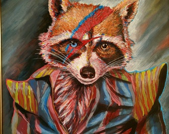 Ziggy Raccoon. Giclee Print Original Acrylic Painting 18" x 24". David Bowie| Ziggy Stardust| Aladdin Sane| Music Memorabilia| Animal| Nerd