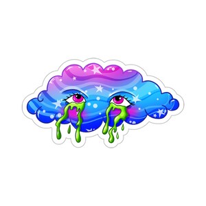 May include: A blue and pink cloud with stars and white outlines, crying green tears from its eyes.