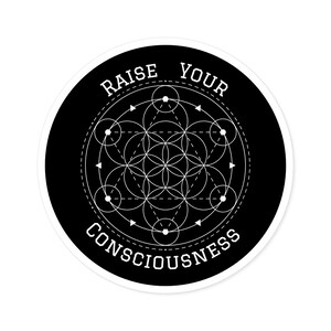 May include: Black and white sticker with a geometric design and the text "RAISE YOUR CONSCIOUSNESS".