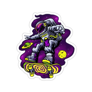 May include: An astronaut wearing a purple and white spacesuit is skateboarding through space. The astronaut is holding a skateboard with yellow and green designs. The background is a purple and black nebula with a yellow moon.