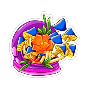 May include: A sticker featuring a purple and pink mushroom-shaped container with a yellow, orange, and blue mushroom design. The container is filled with yellow, orange, and blue mushrooms with a single orange flower.