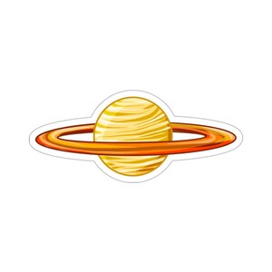 May include: A cartoon illustration of a yellow planet with orange rings. The planet has a white outline and is set against a white background.