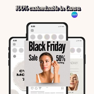 May include: A mockup of a social media post on a smartphone, advertising a Black Friday sale with a 50% discount. The text "100% customizable in Canva" is at the top, with the Canva logo. The image features a woman applying skincare.