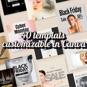 May include: A collection of promotional social media templates for Cyber Monday and Black Friday sales. The templates feature images of women, text overlays, and various design elements. The text includes phrases like "Cyber Monday," "Black Friday Sale," and "Shop Now."