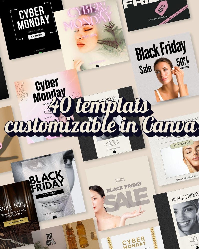May include: A collection of promotional social media templates for Cyber Monday and Black Friday sales. The templates feature images of women, text overlays, and various design elements. The text includes phrases like "Cyber Monday," "Black Friday Sale," and "Shop Now."