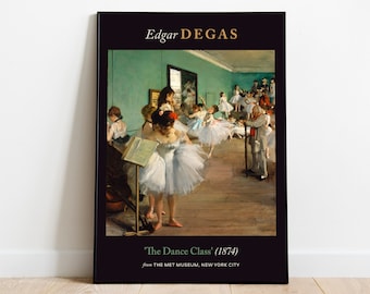 May include: A painting by Edgar Degas titled "The Dance Class" (1874) depicting a ballet class in a studio. The painting features a group of young women in white tutus practicing their dance moves. The painting is from the Metropolitan Museum of Art in New York City.