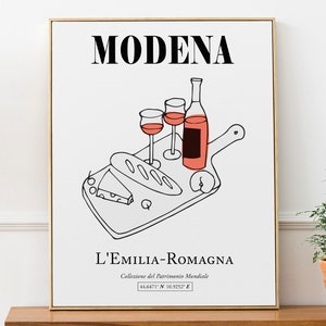 Módena, Emilia-Romaña, Italia Tradicional Italiano Vino, Queso y Pan Línea Arte Arte Arte Decoración De pared Imprimir Póster