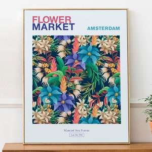 Amsterdam, Netherlands Flower Market Blue, Beige, Green and Orange Boho Wall Decor Print Poster