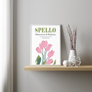 Może przedstawiać: Biała, oprawiona grafika z tekstem "SPELLO PROVINCIA di PERUGIA" i zielono-r&oacute;żową ilustracją tulipan&oacute;w. Tekst pod tytułem brzmi "Collezione del Patrimonio Mondiale 43.0077&deg; N 12.6212&deg; E".