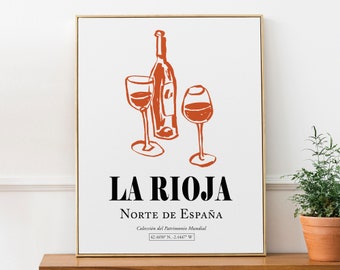 La Rioja Northern Spain, Red Wine Bottle with Glasses, Minimalistic Abstract Aesthetic Wall Art Print Poster, Friend Gift, Bathroom Décor