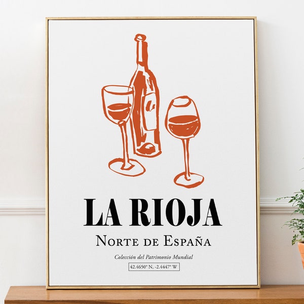 La Rioja Northern Spain, Red Wine Bottle with Glasses, Minimalistic Abstract Aesthetic Wall Art Print Poster, Friend Gift, Bathroom Décor