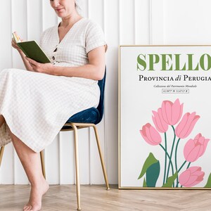 Może przedstawiać: Biały plakat z zielonym tekstem, kt&oacute;ry brzmi "SPELLo" i "Provincia di Perugia". Plakat zawiera r&oacute;wnież ilustrację r&oacute;żowego tulipana z zielonymi liśćmi.
