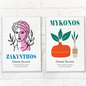 Conjunto de 2 Zakynthos Mujer Púrpura Estatua Busto Línea De Arte Y Mykonos Grecia Rojo Y Beige Jarrón con Hojas Verdes Boho Decoración de pared Imprimir Carteles