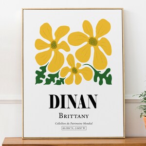 Dinan Bretaña Francia grandes flores amarillas, cartel de impresión de arte de pared estética abstracta boho, regalo de amigo, decoración de sala de estar