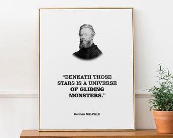 ハーマン・メルヴィルの文学的名言を壁掛けプリントポスターに記した「あの星々の下には、滑空する怪物たちの宇宙がある。」、本好きへの贈り物