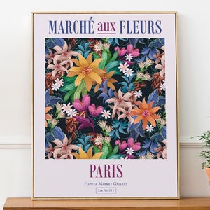 Paris, France Marché aux fleurs Jaune, Rose, Violet, Bleu et Vert Esthétique Mur Décor Imprimer Affiche