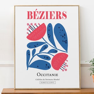 Béziers Occitanie France Flores rosas y azules vívidas, cartel de impresión de arte de pared estético abstracto minimalista, regalo de Сolleague