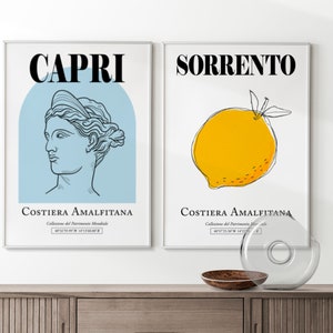 Set van 2 Capri Island, Italië Vrouw Blauw Standbeeld Buste En Sorrento Schiereiland Geel Citroen Silhouet Lijn Art Wall Decor Print Posters