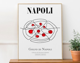 Napoli, Campania, Italy Aesthetic Pizza Margherita (Neapolitan or Napoletana) Line Art Wall Decor Print Poster
