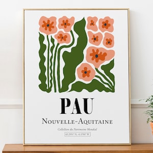 Pau Nouvelle-Aquitaine France Fleurs roses avec des feuilles vertes, affiche d'impression d'art mural esthétique abstraite minimaliste, décor de salon