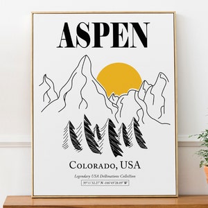 Aspen, Colorado Mountains And Pine Trees On The Sunrise Silhouette Line Art Boho Wall Decor Print Poster