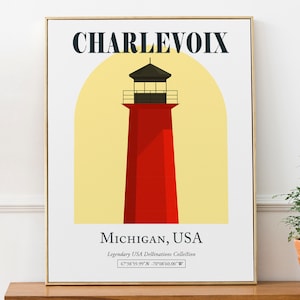 Charlevoix, Michigan, USA, Red Lighthouse Aesthetic Wall Art Decor Print Poster