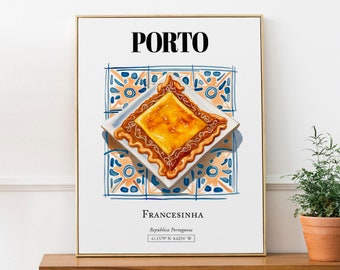 Puede incluir: Un póster con un fondo de azulejos azules y blancos y un dibujo de una Francesinha, un sándwich portugués, en un plato blanco. El póster tiene el texto "PORTO" en negro y "FRANCESINHA" en negro. El texto "República Portuguesa" y "41.1579° N 8.6291° W" también está en el póster.