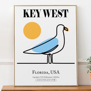 Key West, Florida, USA, Abstract Sea Gull Line Art And Yellow Sun Boho Wall Art Decor Print Poster