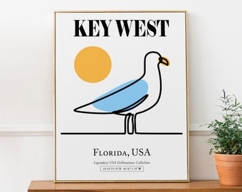 Key West, Florida, USA, Abstract Sea Gull Line Art And Yellow Sun Boho Wall Art Decor Print Poster