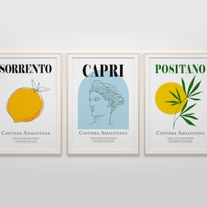 3 Print Posters Set — Sorrento, Capri E Positano, Costiera Amalfitana Minimalistic Wall Art