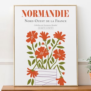 Normandie Francia Ramo de flores rojas en el jarrón, cartel de impresión de arte de pared estética abstracta minimalista, regalo de cónyuge, decoración de la sala de estar