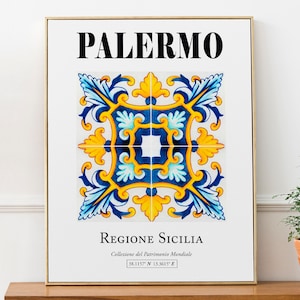 Palermo, Sicilië (Sicilië), Italië Traditioneel Siciliaans blauw en geel tegelpatroon muurdecoratie print poster