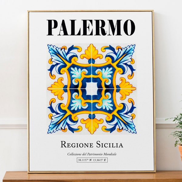 Palermo, Sicily (Sicilia), Italy Traditional Sicilian Blue And Yellow Tile Pattern Wall Decor Print Poster