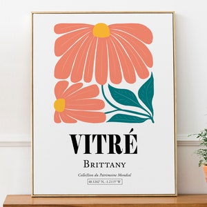 Vitré Brittany França Flores Vermelhas com Folhas Verdes, Poster de Impressão de Arte de Parede Estética Abstrata Minimalista, Presente de Amigo, Decoração de Cozinha