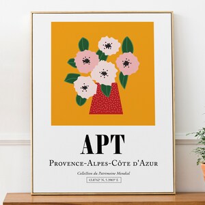 Apt Provence-Alpes-Côte d'Azur Francia Flores rosadas en jarrón rojo sobre fondo naranja, impresión de arte de pared estética abstracta minimalista Póster