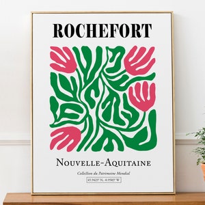 Rochefort Nouvelle-Aquitaine France Red Flowers with Green Leaves Pattern, Minimalistic Abstract Aesthetic Wall Art Print Poster