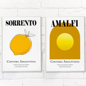 Ensemble de 2 Côte amalfitaine Italie Abstrait Jaune Coucher de Soleil Et Péninsule de Sorrente, Jaune Citron Silhouette Ligne Art Décoration Murale Imprimer Affiches